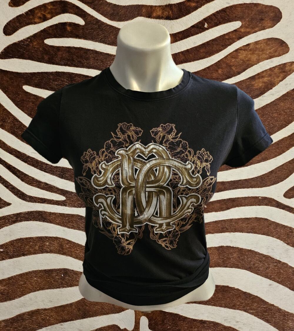 Vintage Y2K Roberto Cavalli T Shirt Sz M Black RC Monogram Top Made Italy
